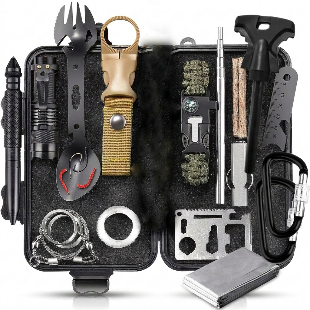 Outdoor Multifunctional Survival Tool Kit — black — white background