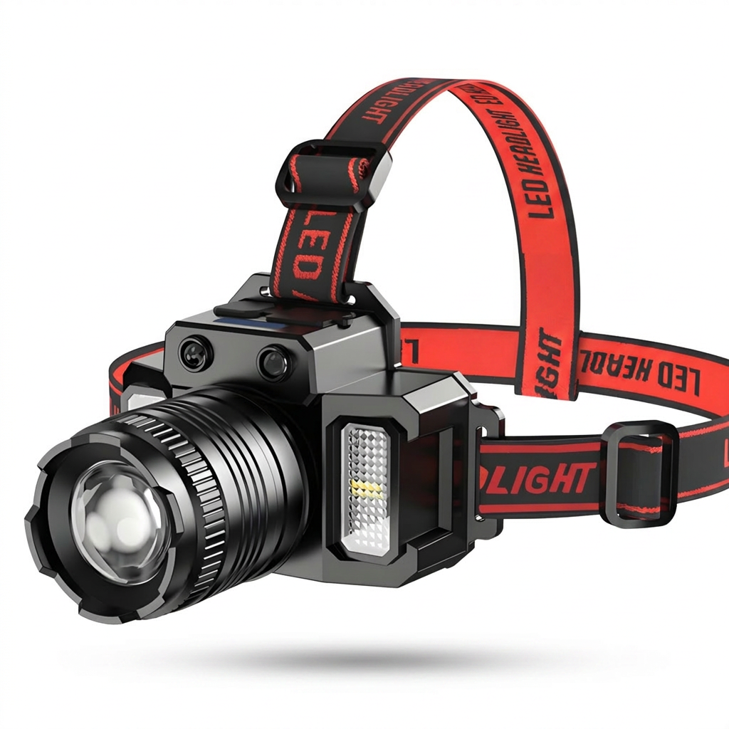 Rechargeable LED Headlamp with Motion Sensor — Four-Grid Electric display — white background