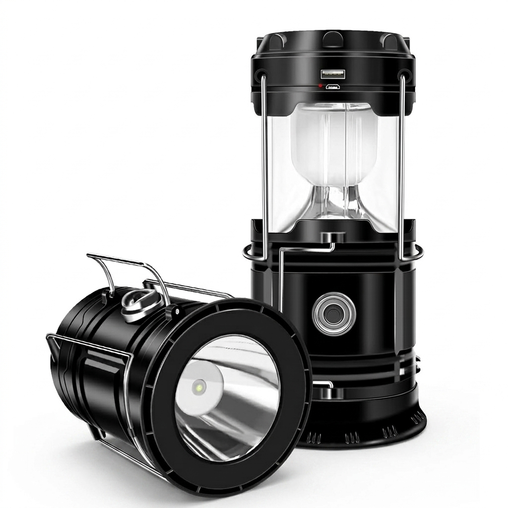 Portable Solar USB Camping Lantern Light — Black 5-8h — white background