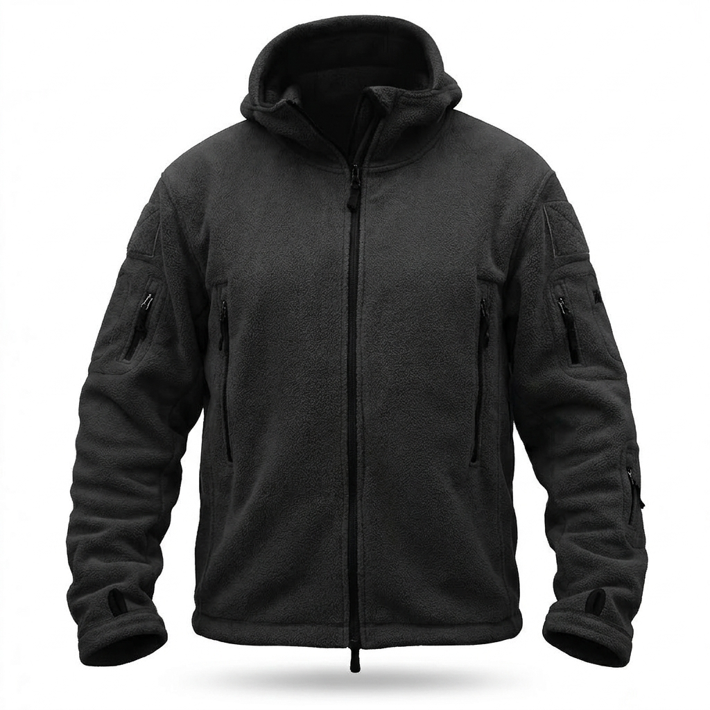 Men's Outdoor Fleece Hooded Jacket — Black — white background