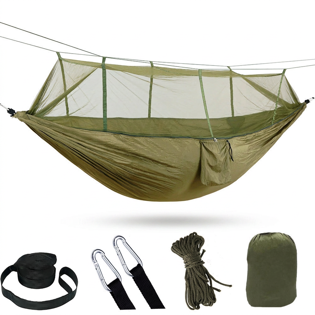 Mosquito Net Camping Hammock with Parachute Cloth — white background